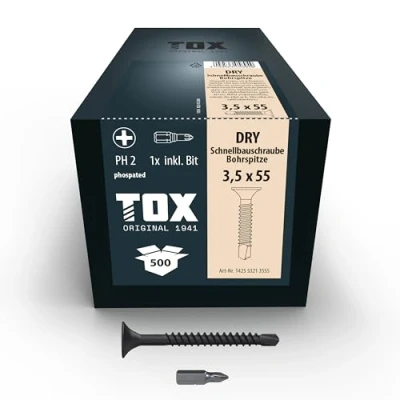 Image of TOX DRY BS Drywall Screws 3.5 x 55 mm, Black Phosphated with Fine Thread + Drill Tip, Plasterboard on Metal Substructure, PH2, Pack of 500, Includes 1x Bit, 142553213555