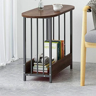 Image of Small End Table Oval Side for Spaces, Sofa Living Room Balcony Reception, Slim Coffee Modern Nightstand with Storage Bedroom Home Office Furniture, Dark Oak