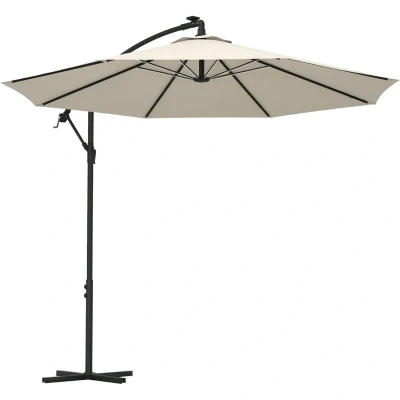 Image of Outsunny 3 (m) LED Patio Banana Umbrella Cantilever Parasol with Crank Beige 84D 066V01BG