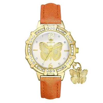 Image of JewelryWe Leather Wrist Watch for Women Round Analog Quartz Stylish Bling Rhinestones Butterfly Dress Xmas