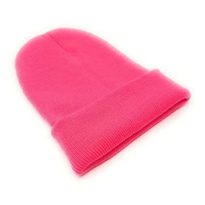 Image of Kids Beanie Hat Unisex Slouch Winter Woolly Turn Up Knitted (Neon Pink)