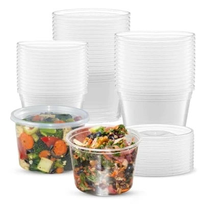 Image of CHEF ROYALE 50 x 16oz Plastic Round Clear Tub Containers With Lids Microwave Safe Pots Meal Prep &amp; Takeaway Storage Box Freezer Dishwasher (50, 16oz)