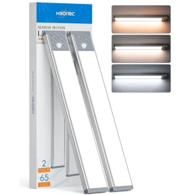 Image of HIBOITEC 65 LED Wardrobe Lights Motion Sensor, Dimmable Battery Cupboard 2500mAh Rechargeable Wireless Closet for Drawer, Kitchen, Hallway, Silvery, 3 Color Temperatures, 33.5 cm