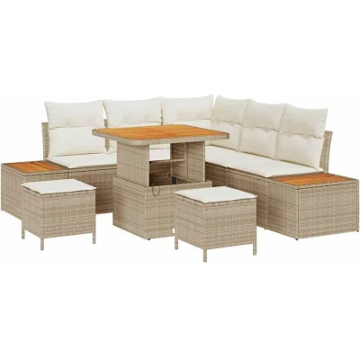 Image of vidaXL 8 Piece Garden Sofa Set with Cushions Beige Poly Rattan Acacia