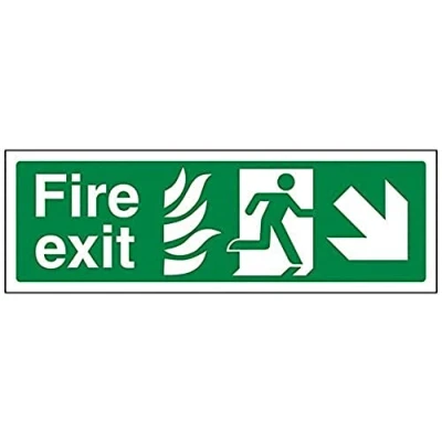 Image of V Safety NHS Fire Exit Arrow Down Right Sign 300mm x 100mm 1mm Rigid Plastic