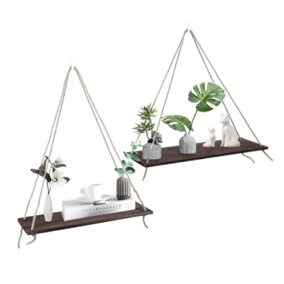 Image of 2Pcs Wooden Floating Wall Shelf, Hanging Rack Plant Flower Pot Shelves with Hooks Triangular String Rope Modern Decoration(Retro color)