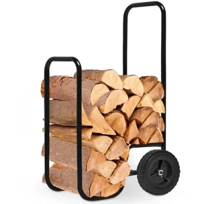 Image of GARDEBRUK® Firewood Trolley Large 105x56x45cm 80kg Capacity Rolling Wood Cart Log Carrier Transport Storage Truck for Burner Stove Fireplace Chiminea Indoor Outdoor Steel Black