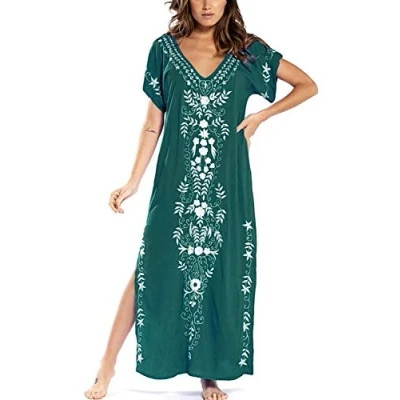 Image of YouKD Cotton Kaftan Embroidered Floral Dress Bohemian Beach Bikini Cover Up Robe Plus Size Nightgown for Women B Green