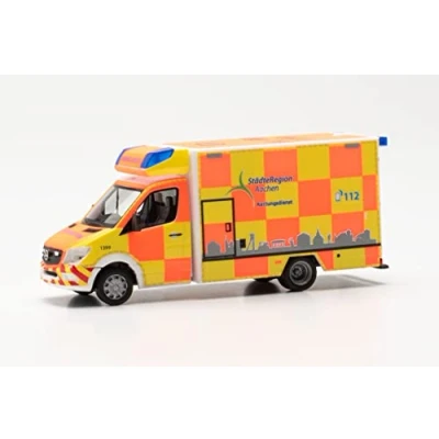 Image of herpa car model Mercedes Benz Sprinter &#039;13 Fahrtec RTW Aachen City Region, true to its original scale of 1:87,for diorama, building, collector&#039;s item, decoration, Made in Germany, plastic