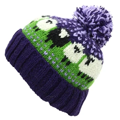 Image of LOUDelephant Wool Knit Bobble Beanie Hat Sheep Green Purple
