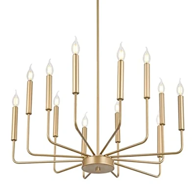 Image of WayLuoung Modern Gold Chandeliers, 12 Light Industrial Metal Chandelier Lighting, Classic Candle Hanging Pendant for Kitchen Island, Dining Room, Living Entryway, Stair E14 (Bulbs Not Included)