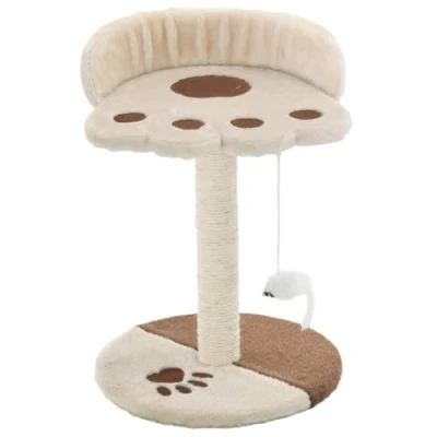 Image of vidaXL Beige/Brown Cat Tree 40cm, Sisal Scratching Post, Plush Play Centre, Relaxing Platforms, Mouse Toy for Kittens