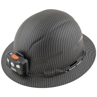Image of Klein Tools 60346 Hard Hat, Non Vented Full Brim, Class E, Premium KARBN Pattern, Rechargeable Lamp, Padded Sweat Wicking Sweatband, Top Pad