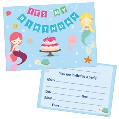 Image of (Pack of 40) Mermaid Childrens Birthday Party Invitations Double Sided (NO ENVELOPES)