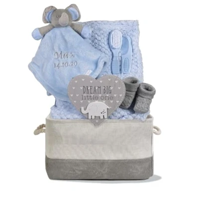 Image of Hoolaroo Personalised Baby Gift Basket for Boys Blue Hamper Newborn Embroidered Elephant Comforter Blanket Boy Special Unique Soft Cute