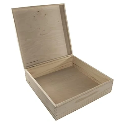 Image of Large Square Wooden Box 36 x 10.5 cm Lidded Keepsake Gift Storage Case Unpainted Decorative Pine