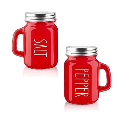 Image of Pack of 2 Salt and Pepper Pots Shaker Set Pot Kitchen Accessories (Red &amp; Red, with Handle)