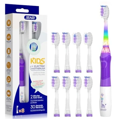 Image of Seago Kids Electric toothbrush 3 12, Childrens Battery with Colorful Lights, Childs 2 Mins Timer, 8 Brush Heads, 4 Modes, For Junior, Boys and Girls, Giraffe Print，SG 977(Purple)