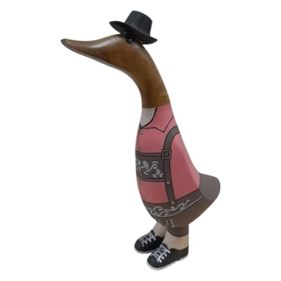 Image of Brave Wings Hand Carved Wooden Bamboo Duck Pink Oktoberfest 20cm High Ornament Sculpture Figurine Statue Unique Table Decoration Home Decor 5233