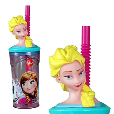 Image of Frozen Elsa 3D Figurine Plastic Tumbler Beaker with Flexi Straw 360ml 7cm Diameter x 14cm Height Sturdy Novelty Enclosed Drinking Cup.