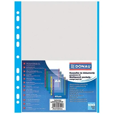 Image of Punched Pockets DONAU PP A4 Orange Peel 40 Micron Coloured Spine Feature Blue 100pcs / Document Archiving/Type Crystal/Kind Edge/Material PP/Colour Blue/Format
