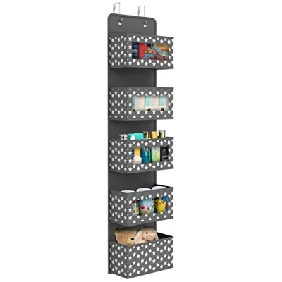 Image of Vinsani Over The Door Hanging Organiser Space Saving Storage Solution 5 Tier Caddy With Clear Window and Steel Hooks Hanger For Bathroom Nursery Bedroom Toys Unisex Dark Grey