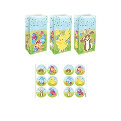 Image of HENBRANDT 12x Easter Paper Party Bags with Stickers 3 Assorted Designs Kids Lunch Bag Gift for Picnics Egg Hunts Favours Goodies Treats Packaging Boys and Girls, Multicolour