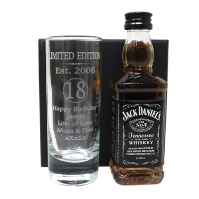 Image of Regalo Personalised Laser Engraved Est 2006 18th Birthday Shot Glass Set with Miniature Alcohol Bottle Gift for Son or Daughter Girls &amp; Boys (Tennessee Whiskey/No Box)