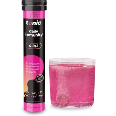 Image of Tonic Health Daily Immunity Tablets 4 in 1 Effervescent Multivitamins, Minerals &amp; Phytonutrients Vitamin D, C and Zinc Vegan, No Sugar Max Strength Tablets, Raspberry Lemon, 20 Count