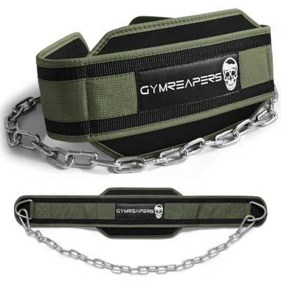 Image of Gymreapers Dip Belt with Chain for Weightlifting, Pull Ups, Dips Heavy Duty Steel Added Weight Training (Ranger Green)