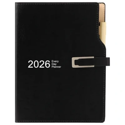 Image of Academic Diary 2026 A5 Day to Page,Schedule Organizer with Calendar Stickers, Agenda Planner Pen Holder and Pen,Premium Thicker Paper 14 X 21.5 cm (Black)