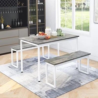 Image of ModernLuxe Kitchen Dining Table and 2 Bench Set, Garden Bench. Grey Faux Marble Tabletop