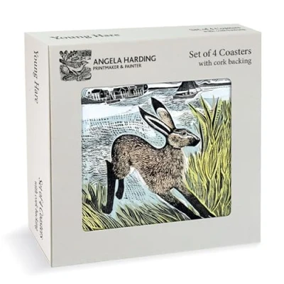 Image of Museums &amp; Galleries Set of 4 Cork Backed Coasters Young Hare Linoprint Design by Angela Harding Statement for the Home