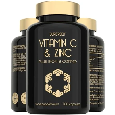 Image of Vitamin C and Zinc Tablets 1000mg VIT Enhanced with Zinc, Iron, Copper High Strength 120 Easy to Swallow Capsules Vegan Immune System Complex Supplement Superior Absorption