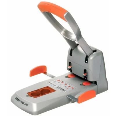 Image of Rapid Supreme HDC150 Heavy Duty 2 Hole Punch, Punches up to 150 Sheets, Adjustable Guide Bar, Ergonomic Handle, Silver/Orange, 23000600