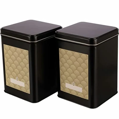 Image of Dosenritter 2 x square tea/coffee tin, black, Stackable, flavour tight made of metal with hinged lid for 400g tea each, incl. Art Déco adhesive labels 15.3 10.6 cm (H,W,D)