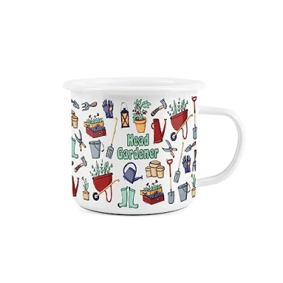 Image of Head Gardener Enamel Mug White Gardening Novelty Durable Hot Drinks Outdoor Cup for Travel Picnics Home Hiking