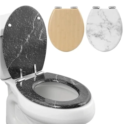Image of Navaris Black Marble Toilet Seat MDF Decorative Seats Luxury Marbled Design for Bathroom Decor 42.5 cm x 35.8 5.6 (16.7&quot; 14.1&quot; 2.2&quot;)