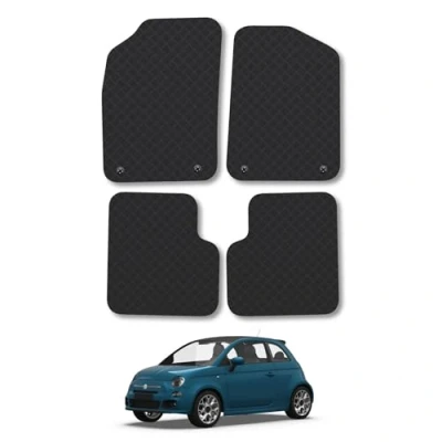 Image of Rubber Car Mats Compatible with Fiat 500 (2013 ) Tailored Fit Floor Set Accessory Black Custom 4 Pieces Clips Anti Slip Backing, Heavy Duty &amp; Waterproof