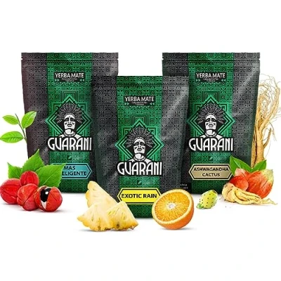 Image of yerba mate set Guarani Three pack of Guarana, ashwaganda, tropical fruit Paraguayan Natural caffeine 3x500g 1.5kg