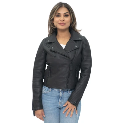 Image of Ladies Leather Biker Jacket Quilted Matt Black Real Lamb Nappa Fashion S