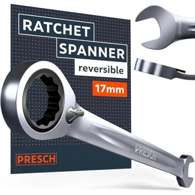 Image of PRESCH Ratchet Spanner Reversible 17mm Minimal Return Angle (4, 90 Teeth) 15 Offset for Tight Spaces Precision Milled, Durable Ring Metric Wrench