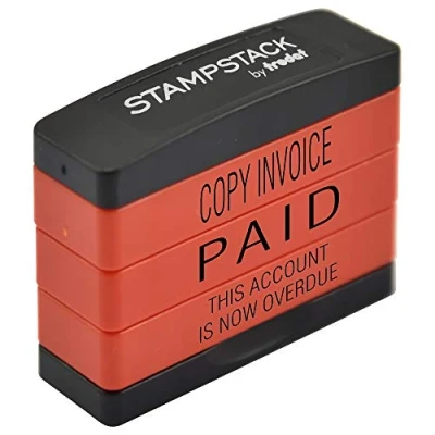 Image of Trodat 3 in 1 Business Stamp Stack with texts COPY INVOICE PAID THIS ACCOUNT IS NOW OVERDUE, Red Body Black Ink, 2 x 6 5,5
