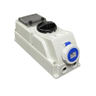 Image of Garo 16 amp Switched Interlock 3 Pin Socket with din Rail for RCD, 230V IP67 2P+E Waterproof Blue Single Phase Interlocked Connector 16A