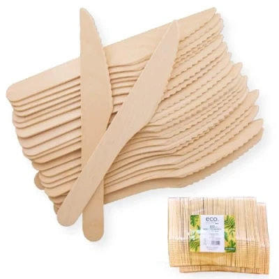Image of Clearly 1000 Wooden Disposable Knives, Eco Friendly Biodegradable Compostable 16.5cm Cutlery Ideal for Picnic, Party, BBQ, Restaurant, Home Daily Use