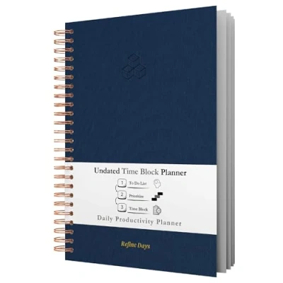 Image of Undated Daily Planner Time Blocking Planner. To Do List, Hourly Schedule, and Monthly Agenda. Management &amp; Productivity Spiral Bound Notebook. 200 Pages, 8.5&quot; x 11&quot;