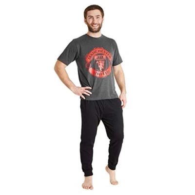 Image of Manchester United F.C. Mens Pyjamas Set, Cotton Loungewear Man Gifts (Grey/Black, XL)