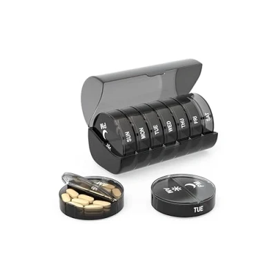 Image of Ved Weekly Pill Box Organiser Easy to Open 2 Times a Day Travel Tablet with Push Button Pop Design Medication for Vitamins &amp; Supplements