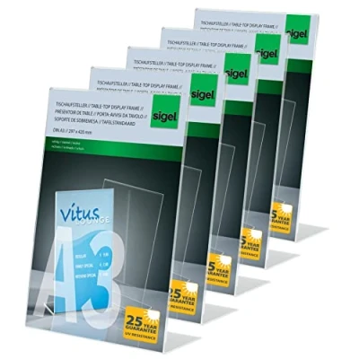 Image of SIGEL TA213 Sign Holder, slanted, for A3, single sided presentation, uv resistant acrylic, transparent, 5 Pieces