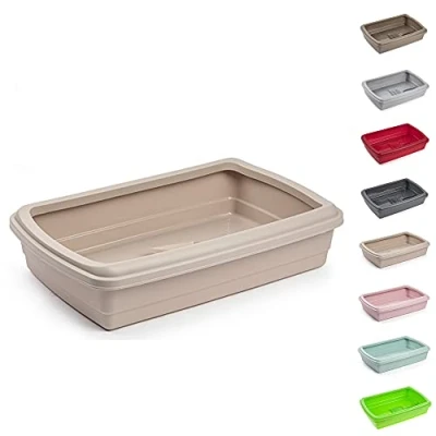 Image of PLASTIFIC Large Cat Litter Tray or Set with Bowls + Scoop Open Plastic Box Toilet Rim (Taupe)